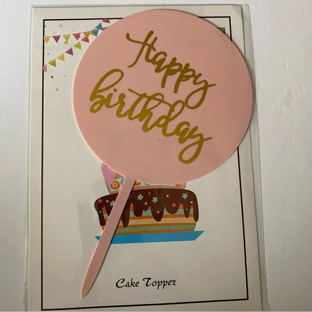 Happy birthday cake topper gold calligraphy acrylic plexi glass-4” 5 pack